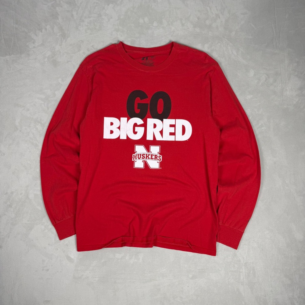 Y2K Mens Russell Athletic Nebraska Huskers Go Big Red Long Sleeve Shirt Medium